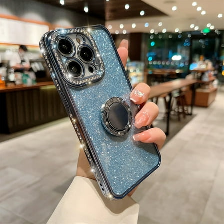 Allytech iPhone 15 Pro Max Case for Girls Women, with Ring Holder Stand Glitter Bling Rhinestone Design Clear Back Shell Slim Fit Shockproof Case Cover for Apple iPhone 15 Pro Max 6.7" - Blue