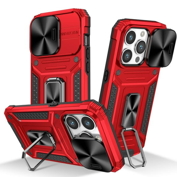 Allytech iPhone 15 Pro Max Case with Kickstand, Sliding Camera Lens Protector Rugged Hybrid Military Grade Shockproof Bumper Phone Case for Apple iPhone 15 Pro Max - Red