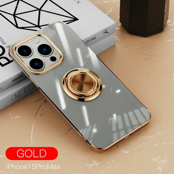Allytech iPhone 15 Pro Max Case with Ring Holder Stand, Shockproof PC Back Cover Slim Fit Shell Bumper Protective Anti-Fringerprint Luxury Phone Case for Apple iPhone 15 Pro Max -Gold