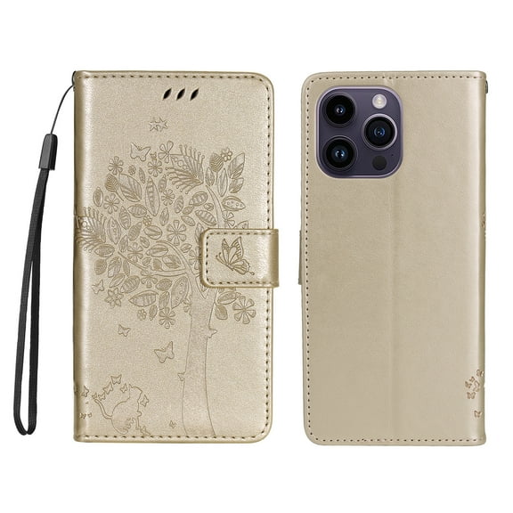 Allytech for iPhone 15 Pro Max Case Wallet, Cute Cat Tree Embossed PU Leather Slim Fit Flip Folio Stand Cover for Girls Women Cards Slots Wallet Case Cover for Apple iPhone 15 Pro Max - Gold