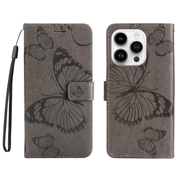 Allytech iPhone 15 Pro Max Case Wallet, PU Leather Big Butterfly Embossed Cards Slots Kickstand Shockproof Flip Folio Cover Wallet Case for Apple iPhone 15 Pro Max - Gray