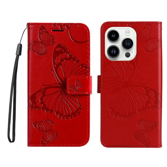 Allytech iPhone 15 Pro Max Case Wallet, PU Leather Big Butterfly Embossed Cards Slots Kickstand Shockproof Flip Folio Cover Wallet Case for Apple iPhone 15 Pro Max - Red