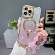 Allytech iPhone 15 Pro Max Case for Women Girls, Bling Glitter Magnetic Case with Chic Hand Wrist Wireless Charging Shockproof Phone Case Cover for Apple iPhone 15 Pro Max - Pink