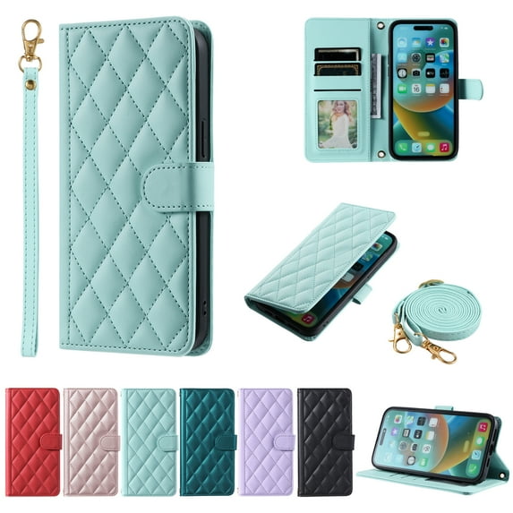 Allytech iPhone 15 Pro Max Slim Wallet Case, Luxury PU Leather Kickstand Case with Detachable Shoulder & Wrist Strap, Cash Card Slots Magnetic Clasp Shockproof Case for iPhone 15 Pro Max - Mint