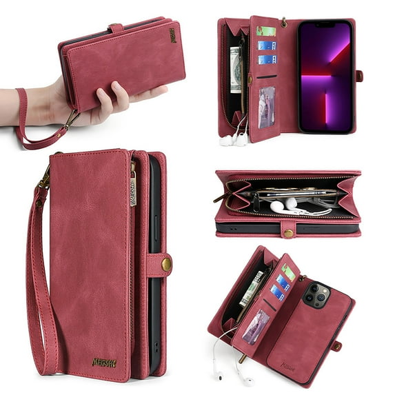 Allytech iPhone 15 Pro Max Wallet Case, Detachable Back Cover Large Space Cards Slots Zipper Walle Stand Hand Strap Wallet Phone Case Cover for Apple iPhone 15 Pro Max - Red