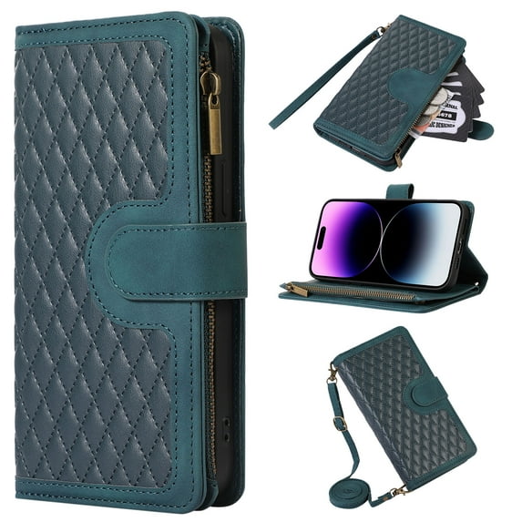 Allytech iPhone 15 Pro Max Wallet Case, Luxury PU Leather Stand Magnetic Clasp Cover with Wristlet & Shoulder Strap & Card Slots, Zipper Pocket Shockproof Anti-Fall Protective Case, Green