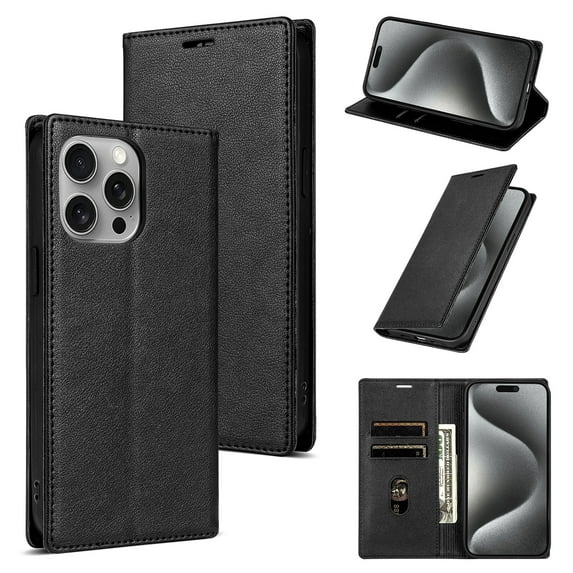 Allytech iPhone 15 Pro Max Wallet Case, Premium PU Leather RFID Blocking Cards Holder Flip Cover Stand Shockproof Anti-Scratch Phone Case for Apple iPhone 15 Pro Max - Black