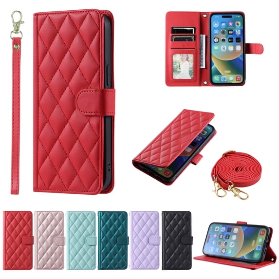 Allytech iPhone 15 Pro Slim Wallet Case, Luxury PU Leather Kickstand Case with Detachable Shoulder & Wrist Strap, Cash Card Slots Magnetic Clasp Shockproof Case for iPhone 15 Pro - Red