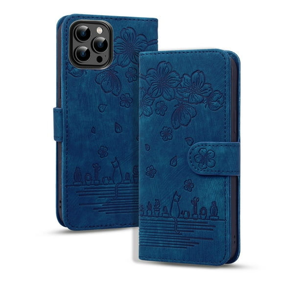 Allytech iPhone 15 Pro Wallet Case Cover, Slim PU Leather Sakura Cat Embossed Shockproof Stand Cards Slots Protective Hand Wrist Wallet Case Cover for Apple iPhone 15 Pro 6.1" - Blue