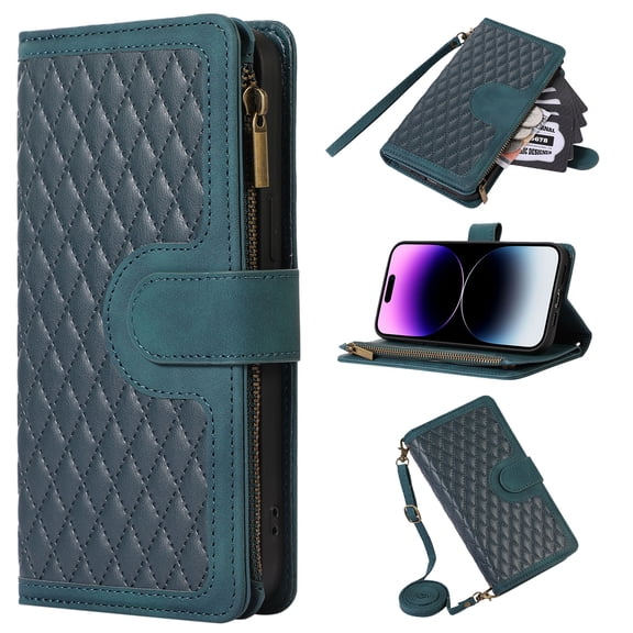 Allytech iPhone 15 Pro Wallet Case, Luxury PU Leather Stand Magnetic Clasp Cover with Wristlet & Shoulder Strap & Card Slots, Zipper Pocket Shockproof Anti-Fall Protective Case, Green
