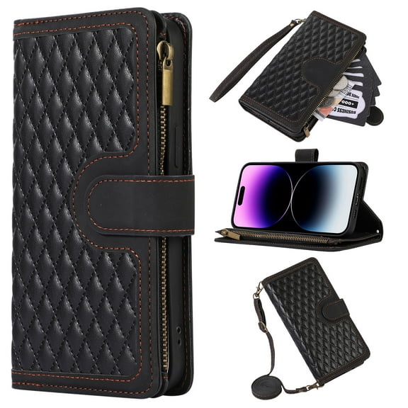 Allytech iPhone 15 Pro Wallet Case, Luxury PU Leather Stand Magnetic Clasp Cover with Wristlet & Shoulder Strap & Card Slots, Zipper Pocket Shockproof Anti-Fall Protective Case, Black