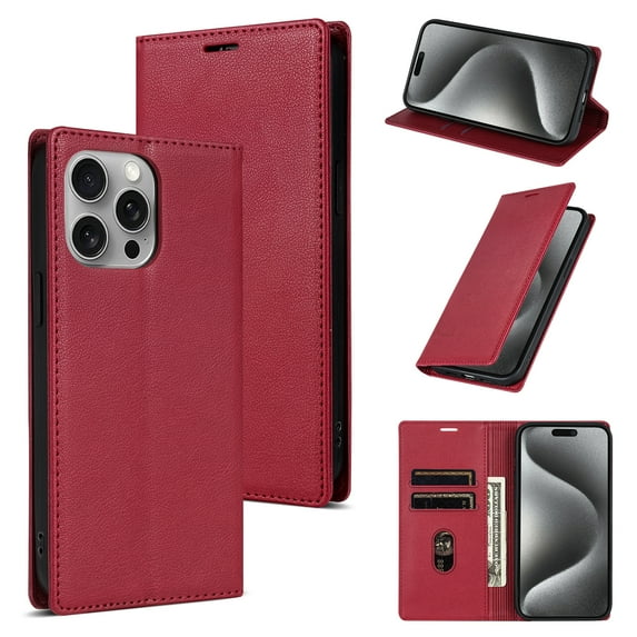 Allytech iPhone 15 Pro Wallet Case, Premium PU Leather RFID Blocking Cards Holder Flip Cover Stand Shockproof Anti-Scratch Phone Case for Apple iPhone 15 Pro - Red