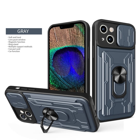 Allytech iPhone 15 Rugged Case with Slide Camera Lens Cover, Ring Kickstand Detachable Card Holder Magnetic Car Mount Hybrid PC Shockproof Protective Case for iPhone 15 - Gray