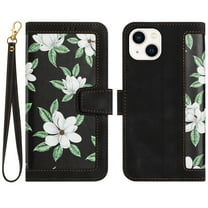 Allytech iPhone 15 Wallet Case, Chic Flower Pattern PU Leather Shoulder Strap Hand Wrist Cards Holder Stand Protective Flip Folio Cover for Girls Women Phone Case for Apple iPhone 15 - Black