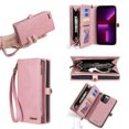 thumbnail image 1 of Allytech iPhone 15 Wallet Case, Detachable Back Cover Large Space Cards Slots Zipper Walle Stand Hand Strap Wallet Phone Case Cover for Apple iPhone 15 - Pink, 1 of 6
