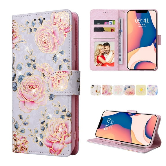 Allytech iPhone 15 Wallet Case, Stylish Flowers Pattern PU Leather Cover with Wrist Strap & Card Slots, Kickstand Magnetic Closure Shockproof Case for Women Girls, Pink Rose
