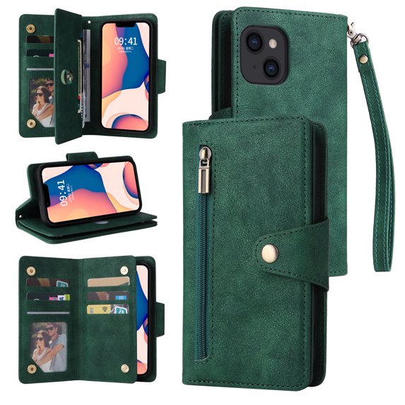 Allytech iPhone 15 Wallet Case with Zipper Pocket, Luxury PU Leather Flip Cover with Card Slots & Wrist Strap, Shockproof Kickstand Magnetic Buckle Protective Case for Women Men, Green