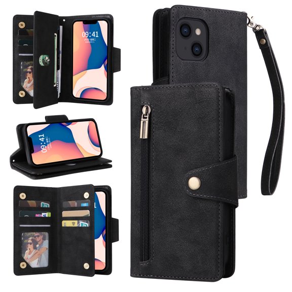 Allytech iPhone 15 Wallet Case with Zipper Pocket, Luxury PU Leather Flip Cover with Card Slots & Wrist Strap, Shockproof Kickstand Magnetic Buckle Protective Case for Women Men, Black