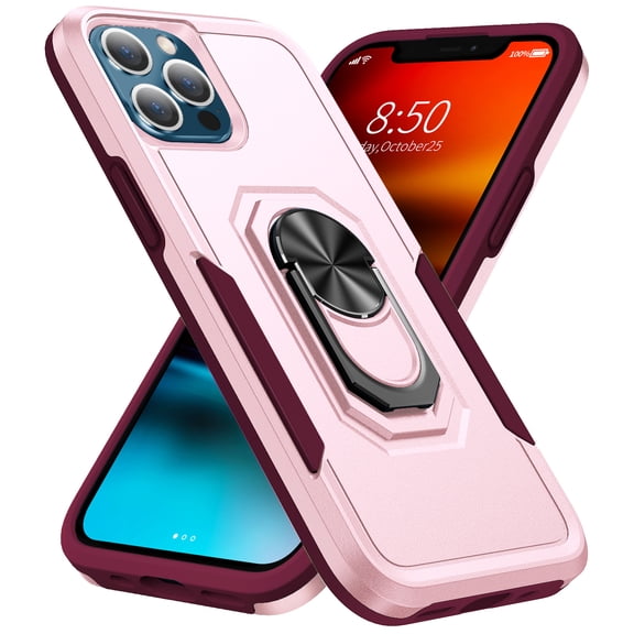 Allytech for iPhone 16 Case, 360° Rotatable Ring Kickstand Military Grade Dropproof Anti-Shock PC and TPU Hybrid Protective Case for Apple iPhone 16, Pink