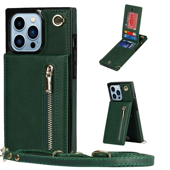Allytech for iPhone 16 Case with Detachable Crossbody Strap, PU Leather Stand Wallet Purse Case with Credit Card Slots Zipper Pocket Case for iPhone 16, Green