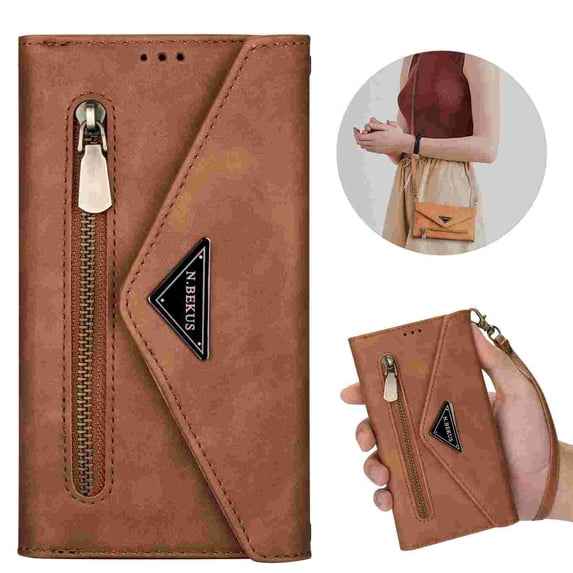 Allytech iPhone 16 Case Wallet, PU Leather Shoulder Strap Hand Wrist Stand Feature Shockproof Protective Cards Slots Zipper Pocket Case Cover for Apple iPhone 16 -Brown