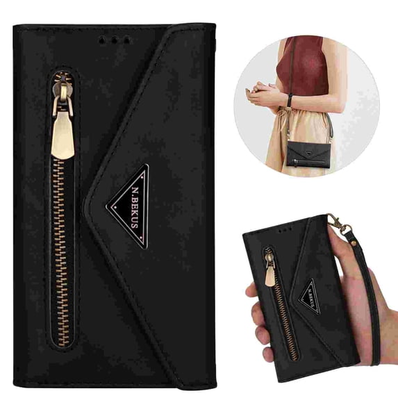 Allytech iPhone 16 Plus Case Wallet, PU Leather Shoulder Strap Hand Wrist Stand Feature Shockproof Protective Cards Slots Zipper Pocket Case Cover for Apple iPhone 16 Plus -Black