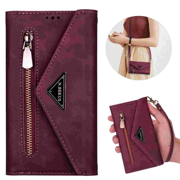 Allytech iPhone 16 Plus Case Wallet, PU Leather Shoulder Strap Hand Wrist Stand Feature Shockproof Protective Cards Slots Zipper Pocket Case Cover for Apple iPhone 16 Plus -Winered