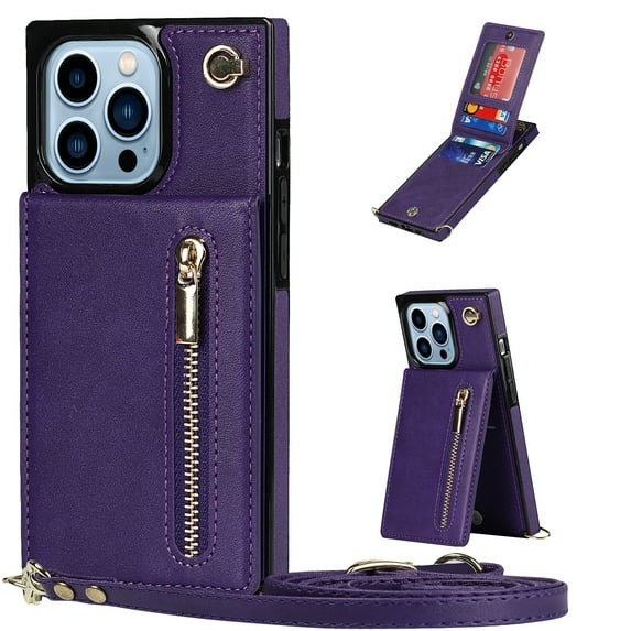 Allytech for iPhone 16 Pro Case with Detachable Crossbody Strap, PU Leather Stand Wallet Purse Case with Credit Card Slots Zipper Pocket Case for iPhone 16 Pro, Purple