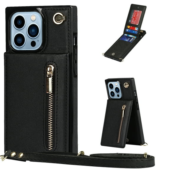 Allytech for iPhone 16 Pro Case with Detachable Crossbody Strap, PU Leather Stand Wallet Purse Case with Credit Card Slots Zipper Pocket Case for iPhone 16 Pro, Black