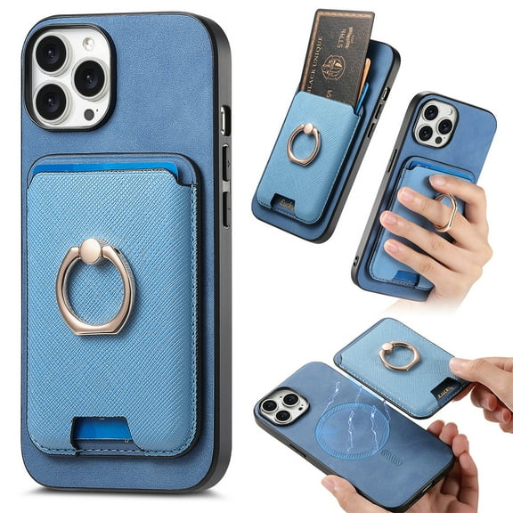 Allytech iPhone 16 Pro Case, Detachable Magnetic Wallet Case with Card Holder & Ring Stand, Support Car Mount, Premium PU Leather Shockproof Durable Protective Slim Case Cover - Blue
