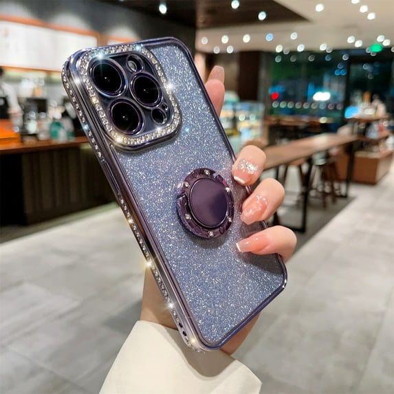 Allytech iPhone 16 Pro Case for Girls Women, with Ring Holder Stand Glitter Bling Rhinestone Design Clear Back Shell Slim Fit Shockproof Case Cover for Apple iPhone 16 Pro 6.1" - Purple