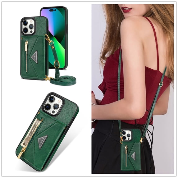 Allytech iPhone 16 Pro Case Wallet, Crossbody Shoulder Strap Zipper Wallet with Cards Slots Pocket Shockproof Protective Case Cover for Apple iPhone 16 Pro - Green
