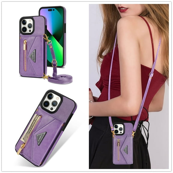 Allytech iPhone 16 Pro Case Wallet, Crossbody Shoulder Strap Zipper Wallet with Cards Slots Pocket Shockproof Protective Case Cover for Apple iPhone 16 Pro - Purple