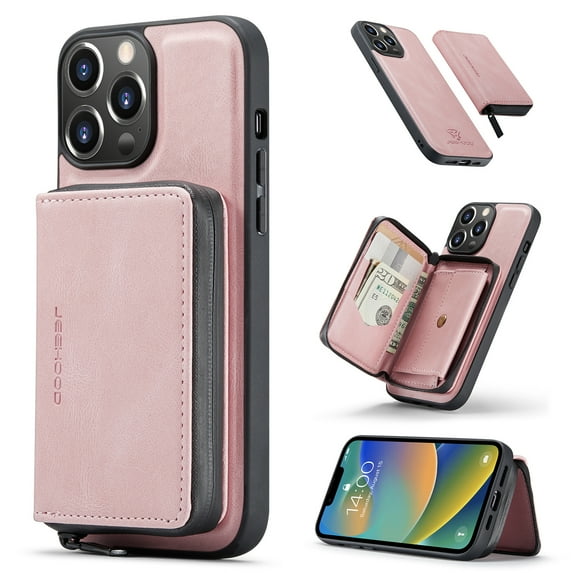 Allytech for iPhone 16 Pro Max Case, Vegan PU Leather Anti-Scratch Magnetic Detachable Wallet Zipper Purse Stand Case with Card Slots for Apple iPhone 16 Pro Max, Pink