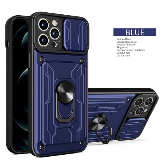 Allytech iPhone 16 Pro Max Rugged Case with Slide Camera Lens Cover, Ring Kickstand Detachable Card Holder Magnetic Car Mount Hybrid PC Shockproof Protective Case for iPhone 16 Pro Max - Blue