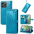 thumbnail image 1 of Allytech for iPhone 16 Pro Wallet Case, Luxury PU Leather with Embossed Pattern, Magnetic Clasp Kickstand Card Cash Slots Shockproof Slim Flip Case with Hand Strap for Women Men - Blue, 1 of 7