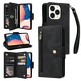 thumbnail image 1 of Allytech iPhone 16 Pro Wallet Case with Zipper Pocket, Luxury PU Leather Flip Cover with Card Slots & Wrist Strap, Shockproof Kickstand Magnetic Buckle Protective Case for Women Men, Black, 1 of 9