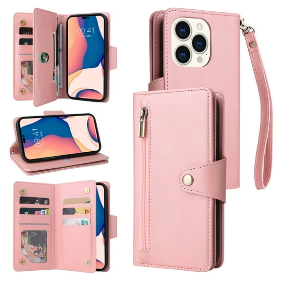 Allytech iPhone 16 Pro Wallet Case with Zipper Pocket, Luxury PU Leather Flip Cover with Card Slots & Wrist Strap, Shockproof Kickstand Magnetic Buckle Protective Case for Women Men, Rosegold