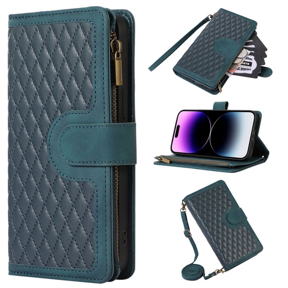 Allytech iPhone 16 Wallet Case, Luxury PU Leather Stand Magnetic Clasp Cover with Wristlet & Shoulder Strap & Card Slots, Zipper Pocket Shockproof Anti-Fall Protective Case, Green