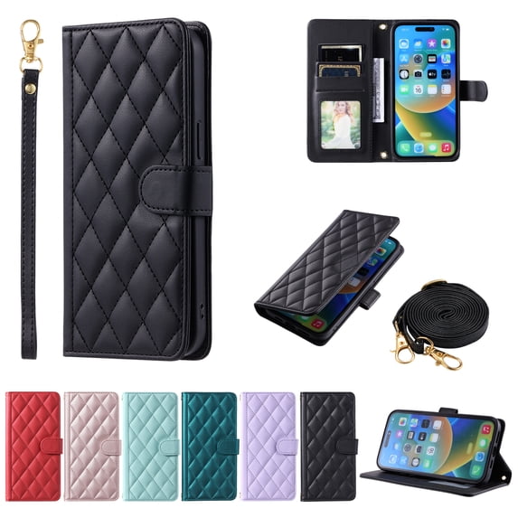 Allytech iPhone 16e Slim Wallet Case, Luxury PU Leather Kickstand Case with Detachable Shoulder & Wrist Strap, Cash Card Slots Magnetic Clasp Shockproof Case for iPhone 16e - Black