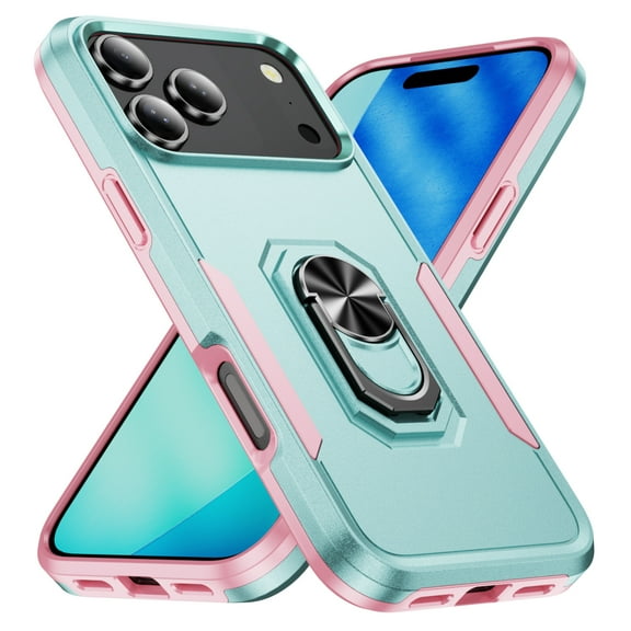 Allytech for iPhone 17 Pro Case, 360° Rotatable Ring Kickstand Military Grade Dropproof Anti-Shock PC and TPU Hybrid Protective Case for Apple iPhone 17 Pro,  Green+Pink