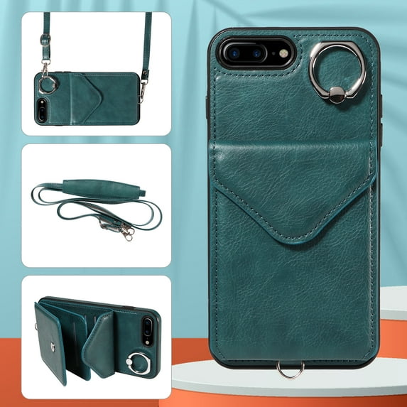 Allytech iPhone 7 Plus/8 Plus Case with Ring Holder & Shoulder Strap, Retro PU Leather Cards Slots Kickstand Detachable Lanyard Shockproof Wallet Case Cover for Apple iPhone 7 Plus/8 Plus - Green