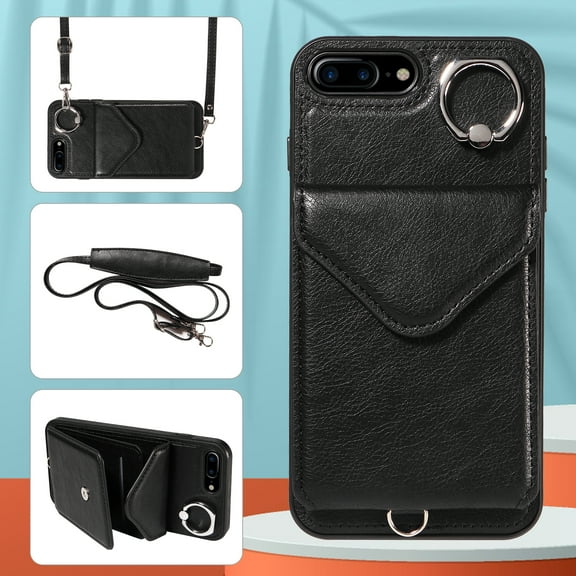 Allytech iPhone 7 Plus/8 Plus Case with Ring Holder & Shoulder Strap, Retro PU Leather Cards Slots Kickstand Detachable Lanyard Shockproof Wallet Case Cover for Apple iPhone 7 Plus/8 Plus - Black