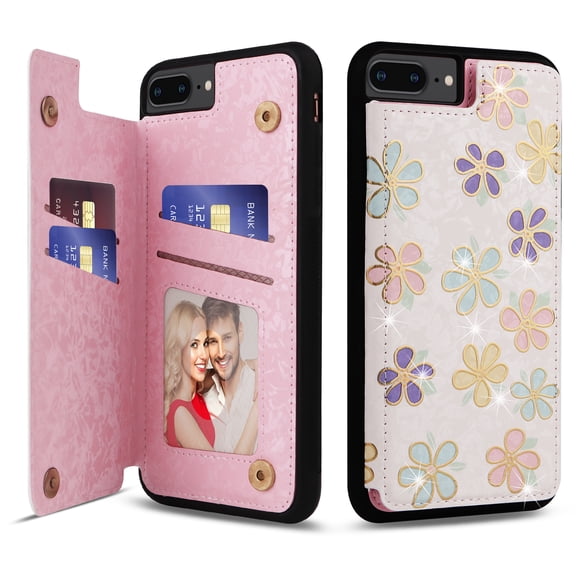 Allytech iPhone 8 Plus/ 7 Plus Case with Card Holder, Stylish Flower with Glitter Bling Rhinestone Stand Shockproof Slim Fit Bumper Wallet Case for Apple iPhone 8 Plus/ iPhone 7 Plus - Floret