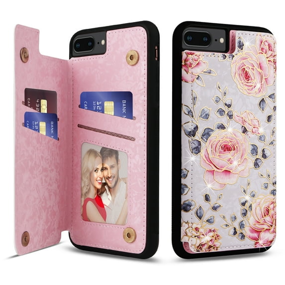 Allytech iPhone 8 Plus/ 7 Plus Case with Card Holder, Stylish Flower with Glitter Bling Rhinestone Stand Shockproof Slim Fit Bumper Wallet Case for Apple iPhone 8 Plus/ iPhone 7 Plus - Flower