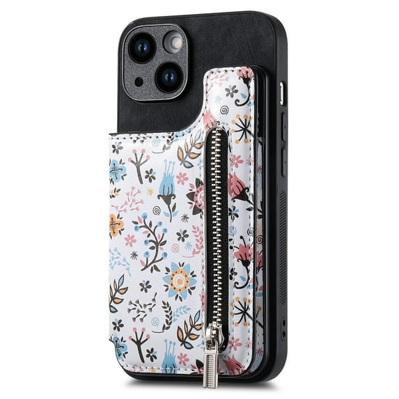 Allytech iPhone 8 Plus/ 7 Plus Wallet Case with Zipper Pocket & Cards Holder, Floral Pattern PU Leather Back Cover for Girls Women Shockproof Stand Magnetic Phone Case - Black