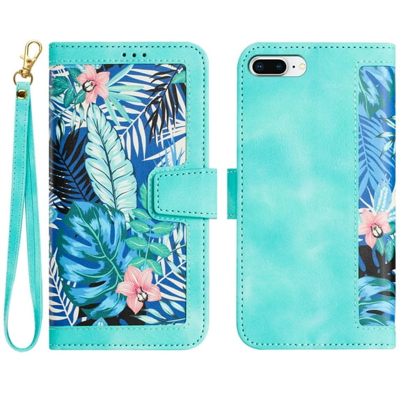 Allytech iPhone 8 Plus Case Wallet, iPhone 7 Plus Wallet Case, Chic Flower Pattern Shoulder Strap Hand Wrist PU Leather Cards Holder Stand Protective Flip Folio Cover for Girls - Green