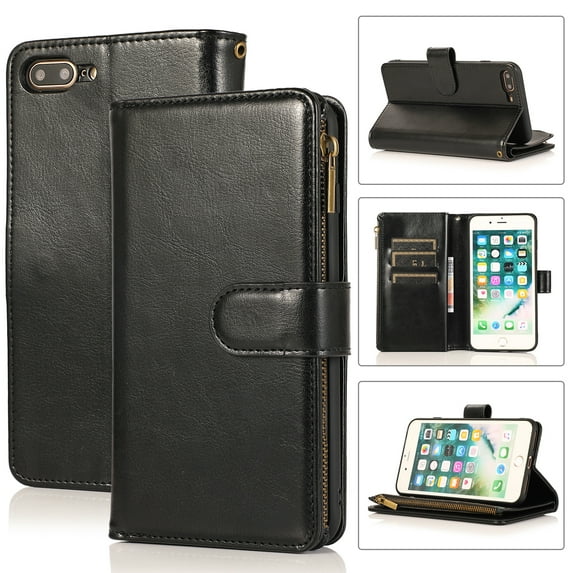 Allytech iPhone 8 Plus Wallet Case, iPhone 7 Plus Case 9 Cards Holder Zipper Wallet Case for Women Men Shockproof Hand Strap Full Protective Flip Stand Cover for Apple iPhone 8 Plus/7Plus-Black