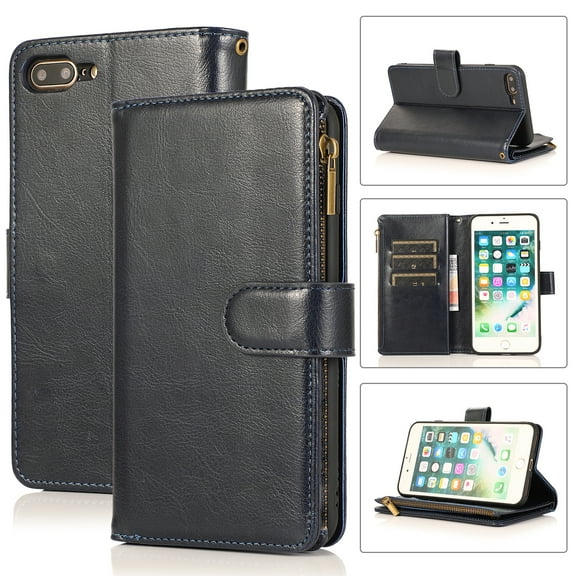Allytech iPhone 8 Plus Wallet Case, iPhone 7 Plus Case 9 Cards Holder Zipper Wallet Case for Women Men Shockproof Hand Strap Full Protective Flip Stand Cover for Apple iPhone 8 Plus/7Plus-Blue