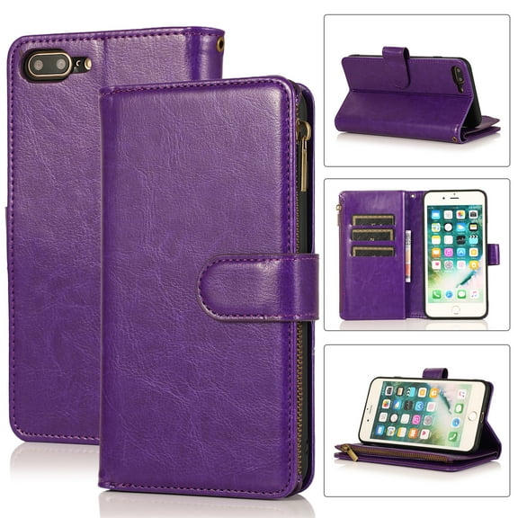 Allytech iPhone 8 Plus Wallet Case, iPhone 7 Plus Case 9 Cards Holder Zipper Wallet Case for Women Men Shockproof Hand Strap Full Protective Flip Stand Cover for Apple iPhone 8 Plus/7Plus-Purple